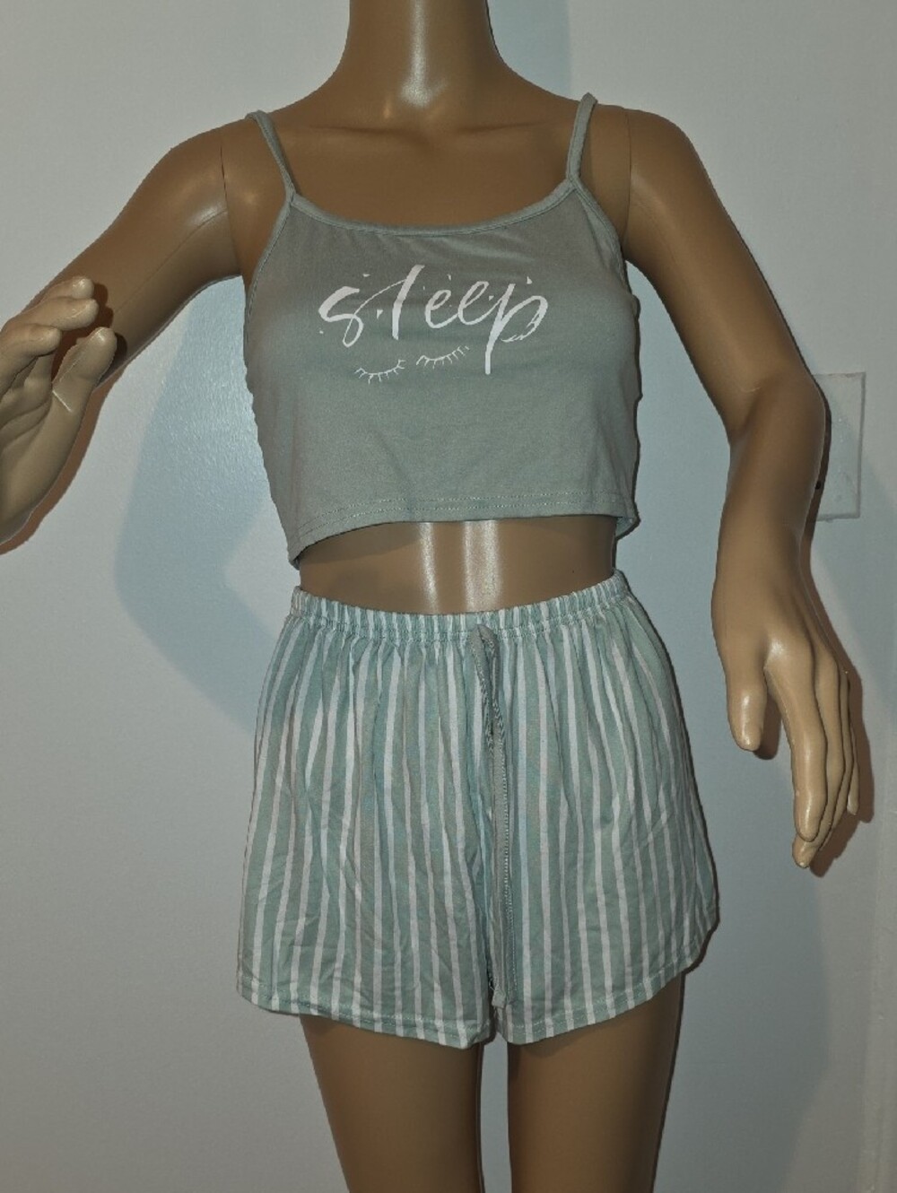 SHEIN Sage Green 'Sleep' Cami & Striped Short Pajama Set - Picture 2 of 5